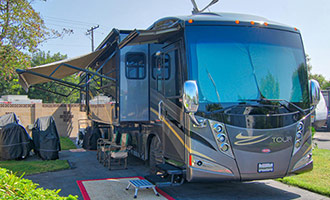 A class A motorhome parked an an RV park